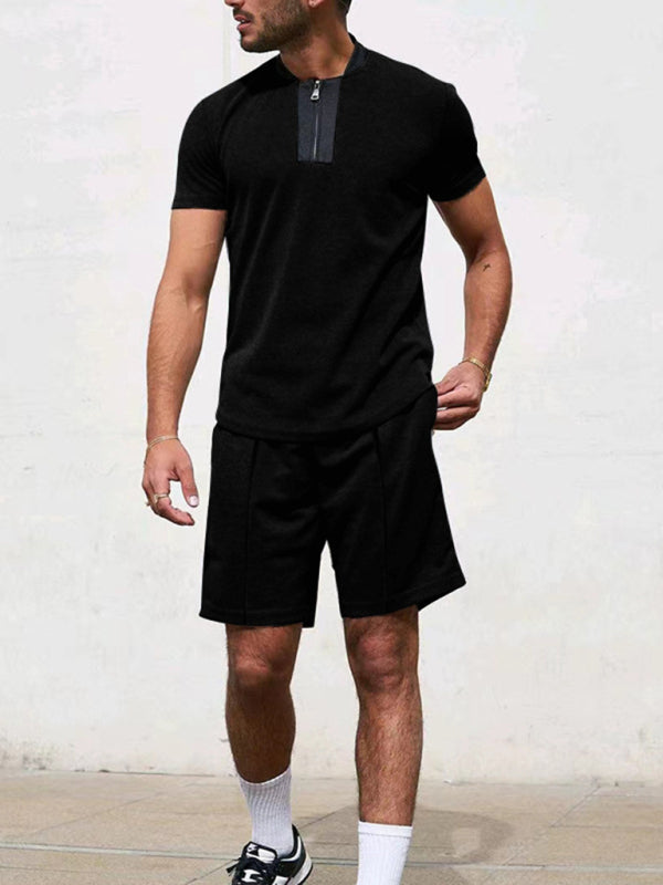 Waffle V-Neck Zipper T-Shirt + Shorts Casual Suit