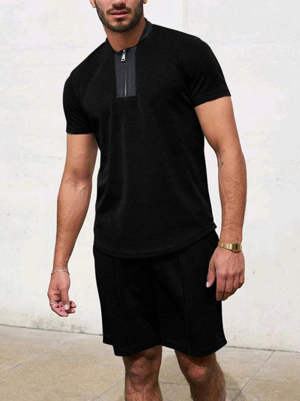 Waffle V-Neck Zipper T-Shirt + Shorts Casual Suit