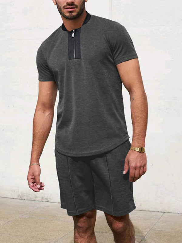 Camiseta con cremallera y cuello en V tipo gofre de color en contraste para hombre + traje informal con pantalones cortos 