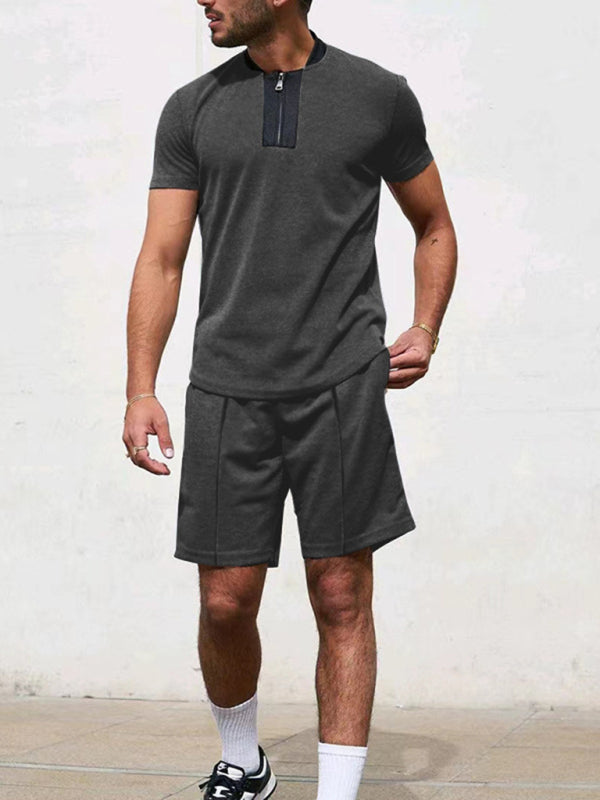 Waffle V-Neck Zipper T-Shirt + Shorts Casual Suit