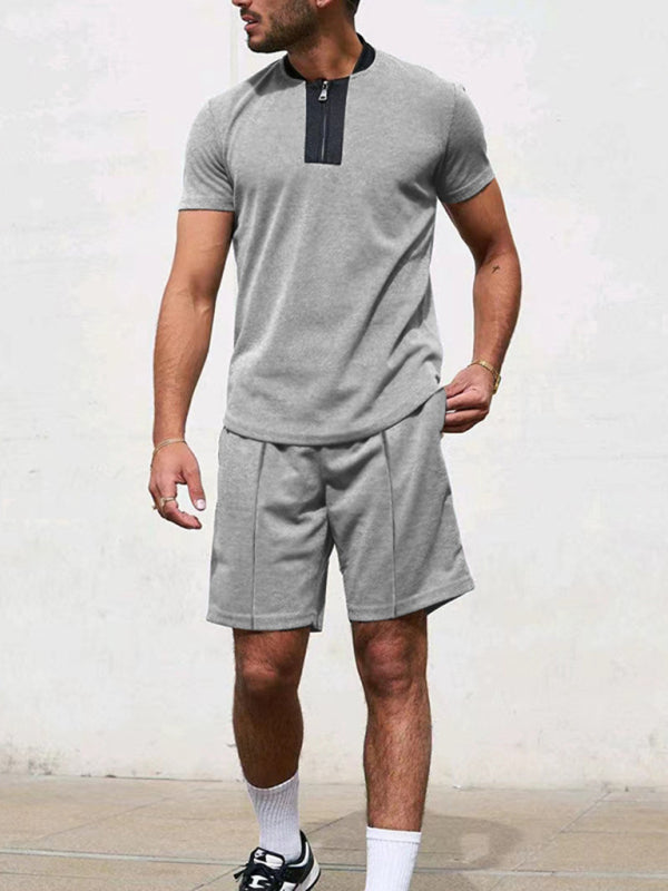 Waffle V-Neck Zipper T-Shirt + Shorts Casual Suit