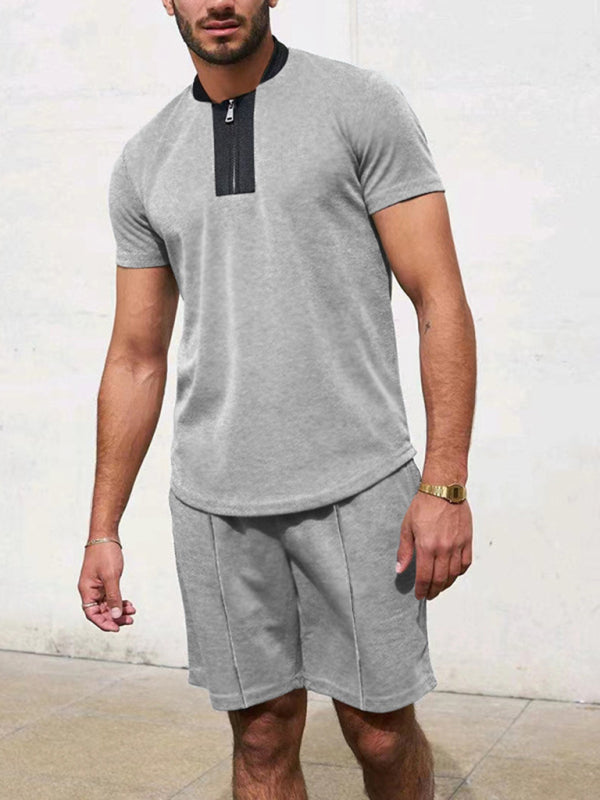 Camiseta con cremallera y cuello en V tipo gofre de color en contraste para hombre + traje informal con pantalones cortos 