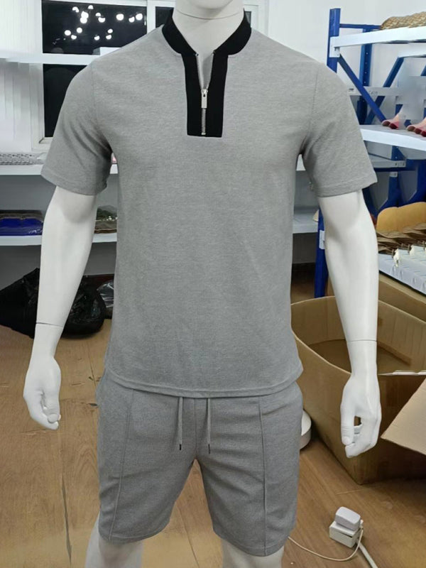 Camiseta con cremallera y cuello en V tipo gofre de color en contraste para hombre + traje informal con pantalones cortos 