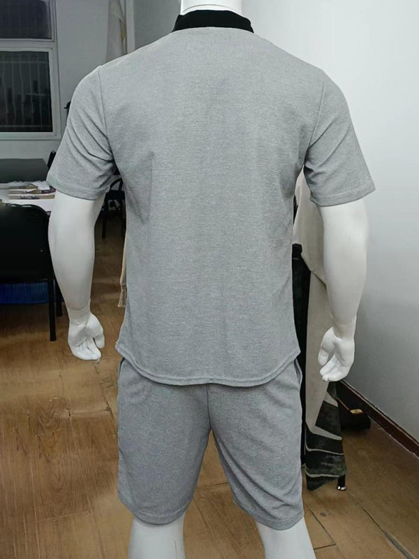 Waffle V-Neck Zipper T-Shirt + Shorts Casual Suit