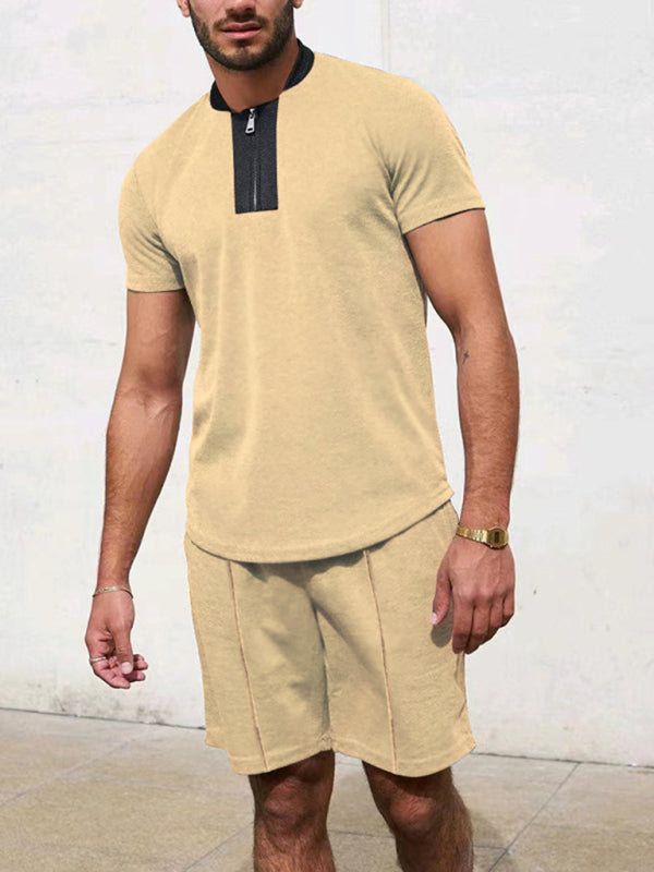 Camiseta con cremallera y cuello en V tipo gofre de color en contraste para hombre + traje informal con pantalones cortos 