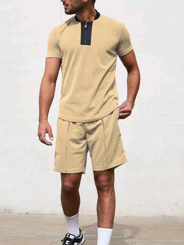 Waffle V-Neck Zipper T-Shirt + Shorts Casual Suit